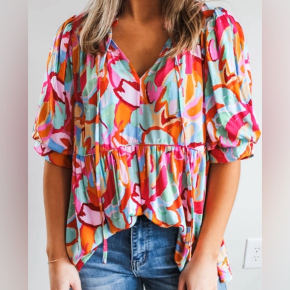 Abstract Print Half-Sleeve Blouse - Picture 1 of 7